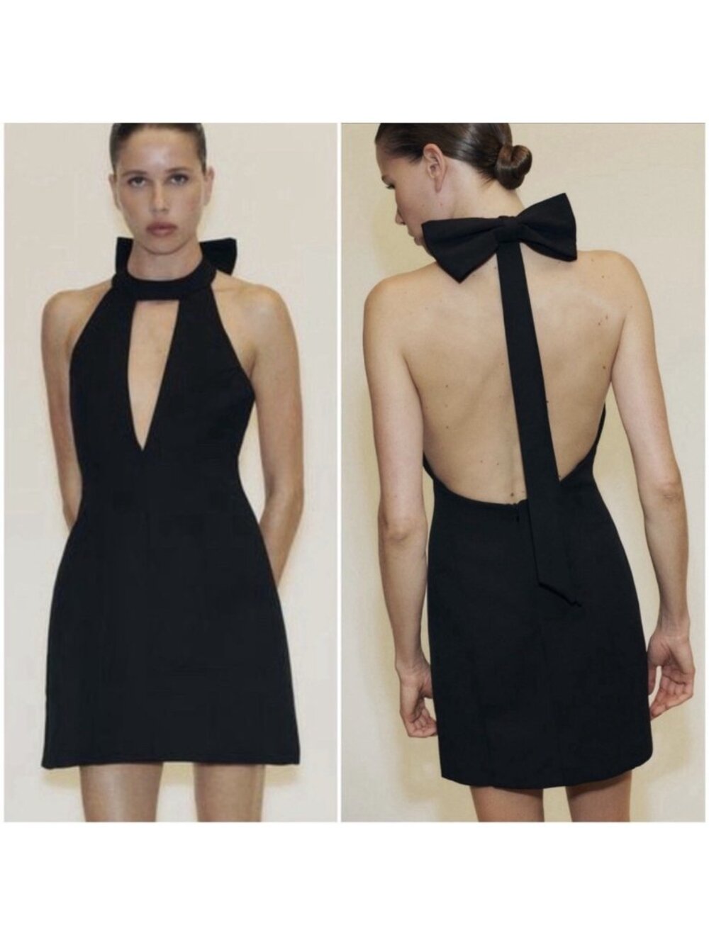 Zara Solid Black Halter Mini Dress Cutout Open Back Bow 4661/226/800 Large